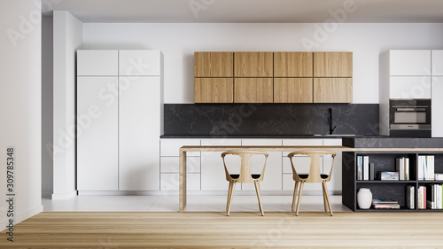 Modern Kitchen Interior, Minimalist, Simple, 3D Rendering, 3D Illustration