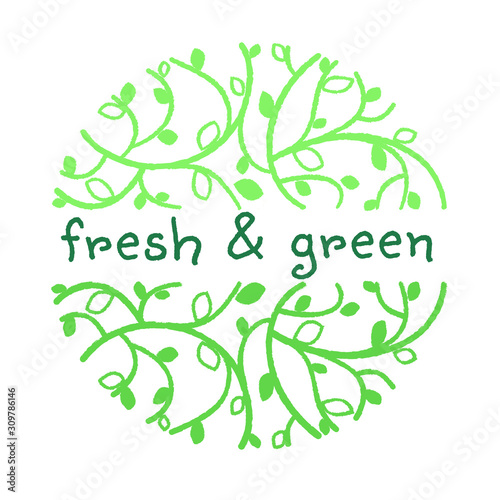 Fresh green logo labels and tags. Vector hand drawn illustration. Vegetarian eco green concept. © Ольга Швец
