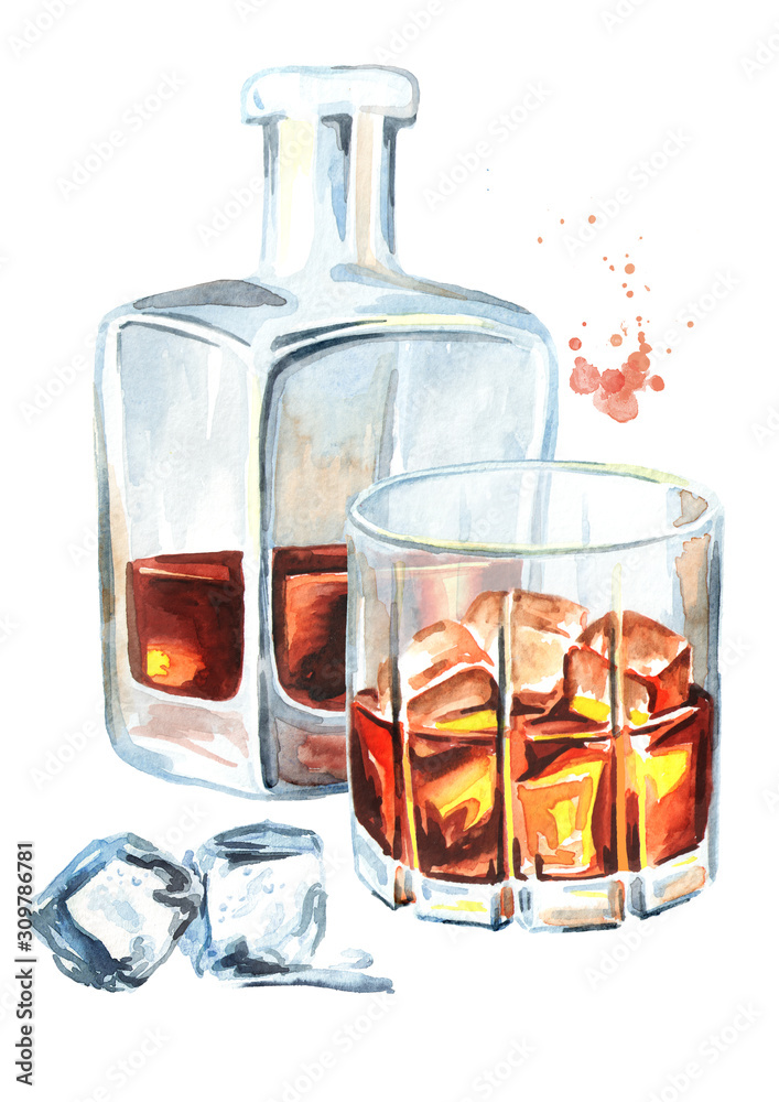 Bottle and glass filled with half alcoholic drink whiskey or brandy or cognac and ice cubes. Watercolor hand drawn illustration, isolated on white background Bottle and glass filled with half alcoholic drink whiskey or brandy or cognac and ice cubes. Watercolor hand drawn illustration, isolated on white background