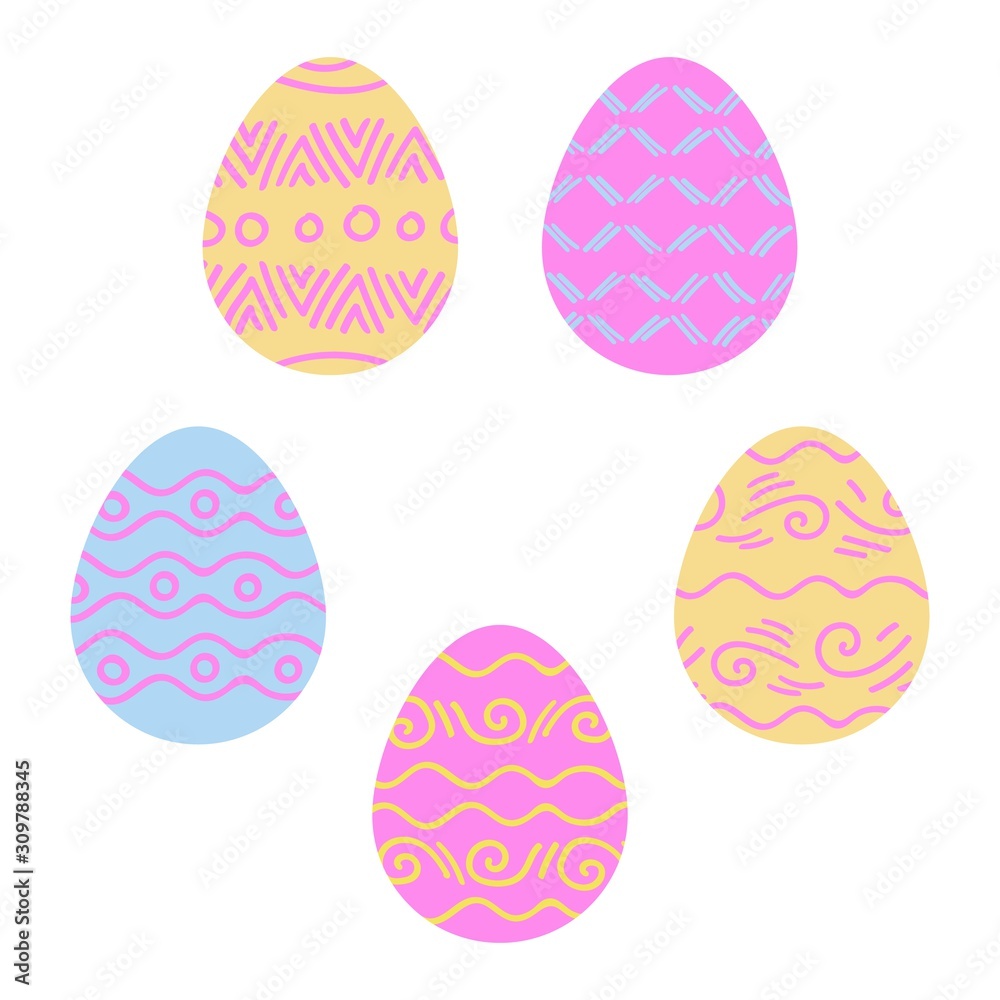 Set of colorful Easter eggs isolated on white background. Set of painted Easter eggs for party, celebration, greeting cards and decoration for Easter. Five pieces