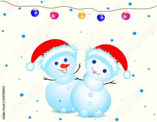 Christmas card . Snowman in a Christmas hat. Snowflakes and garlands of toy balls .Illustration.