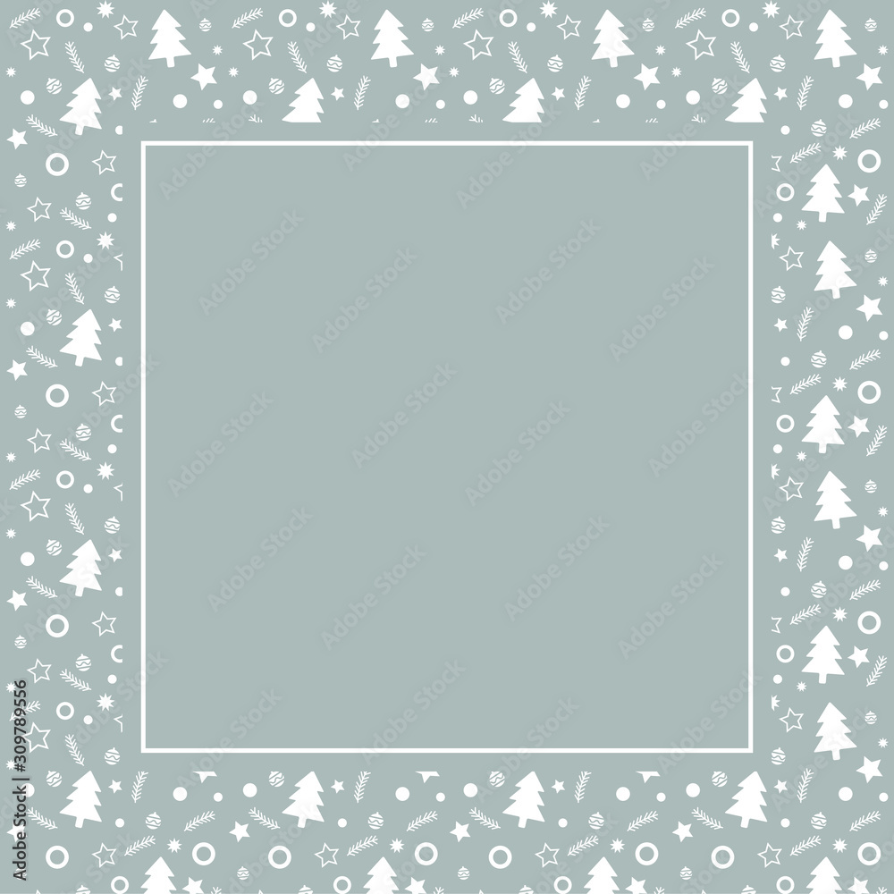 Frame with blank space for text. Border of xmas toys, tree and stars. Vector for Christmas and New Year greeting card, banner, invitation, packaging design, illustration pattern Frame with blank space for text. Border of xmas toys, tree and stars. Vector for Christmas and New Year greeting card, banner, invitation, packaging design, illustration pattern
