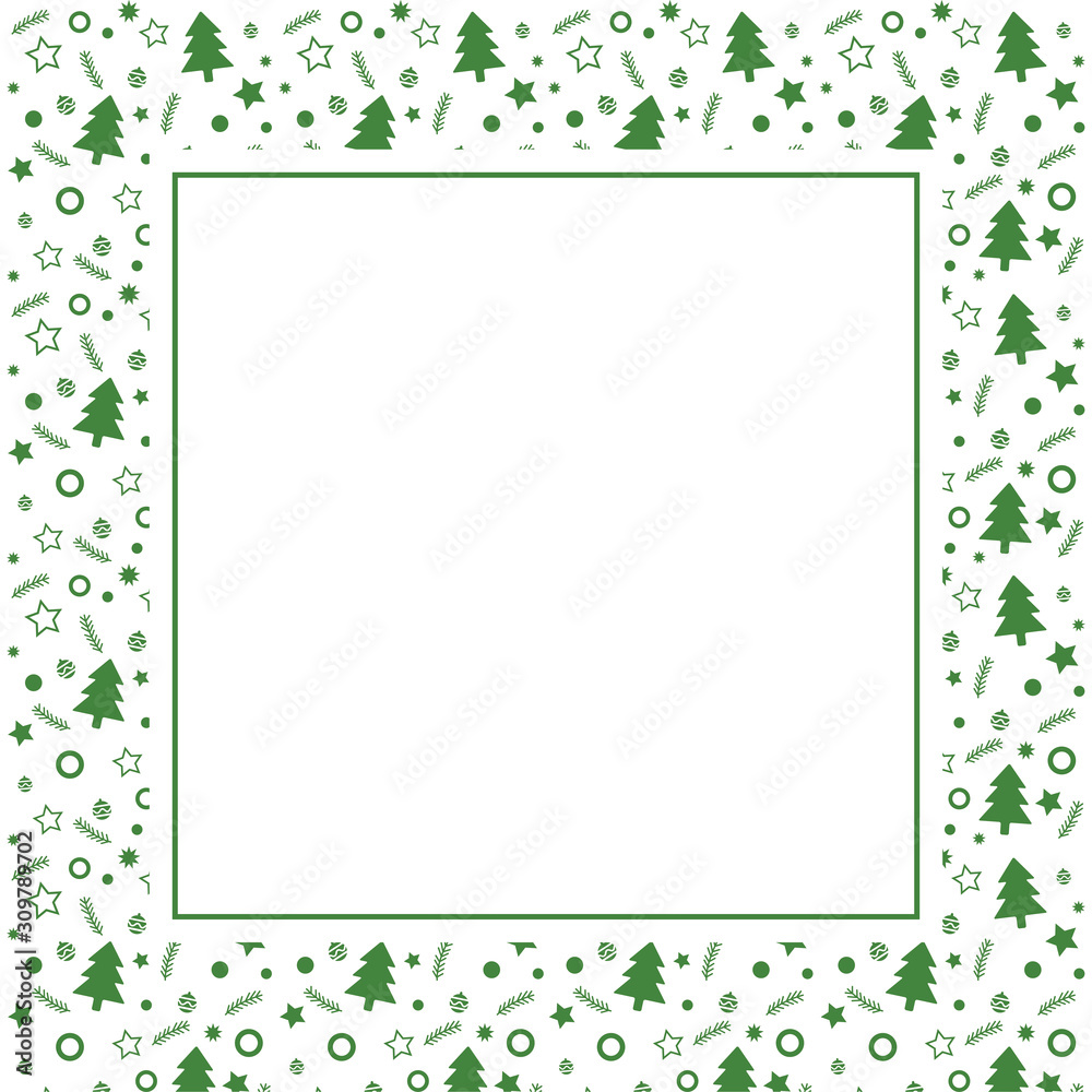 Frame with blank space for text. Border of xmas toys, tree and stars. Vector for Christmas and New Year greeting card, banner, invitation, packaging design, illustration pattern Frame with blank space for text. Border of xmas toys, tree and stars. Vector for Christmas and New Year greeting card, banner, invitation, packaging design, illustration pattern