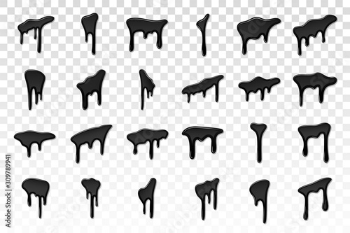 Drip paint 3D set. Ink stain. Drop melt liquid isolated on white transparent background. Splash of chocolate, oil, blood. Black graffiti. Splatter syrup, candy sauce, caramel. Vector illustration