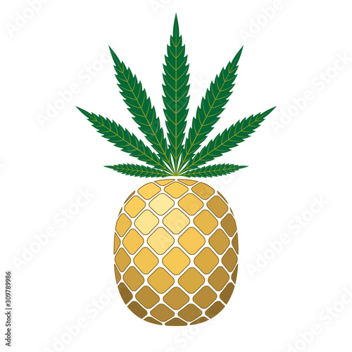 Pineapple golden with green cannabis leaf. Tropical gold exotic fruit isolated white background. Symbol organic food, summer, healthy. Design element illegal narcotic. Silhouette. Vector illustration