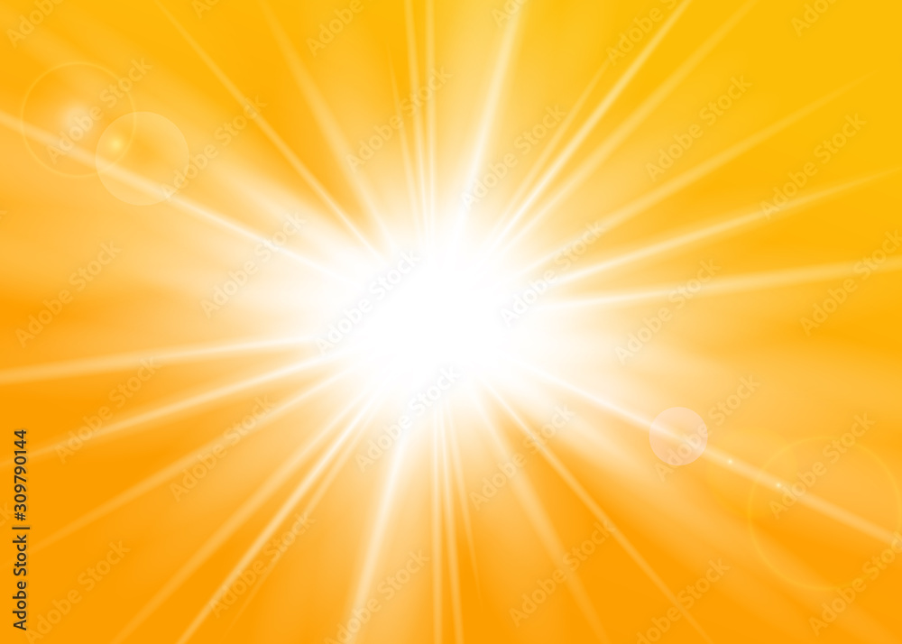 Obraz premium Rays yellow background. Gold sunny sky. Heat sunburs, hot weather. Sunshine orange sky. White warm sunlight. Bright golden solar sunrise, summer template. Lens optic effect. Vector illustration