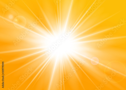 Rays yellow background. Gold sunny sky. Heat sunburs, hot weather. Sunshine orange sky. White warm sunlight. Bright golden solar sunrise, summer template. Lens optic effect. Vector illustration