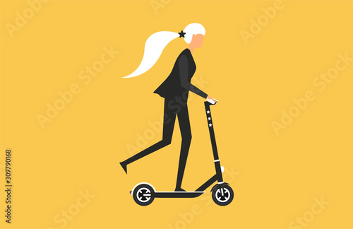 Cartoon picture with asian woman, girl blonde riding fast modern electric bicycle. Enjoying futuristic bike ride, electric scooter, kick scooter, Eco alternative city transport. Flat illustration. photo