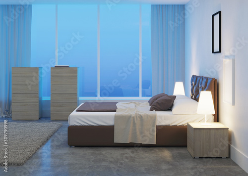 Modern bedroom interior. Night. Evening lighting. 3D rendering.