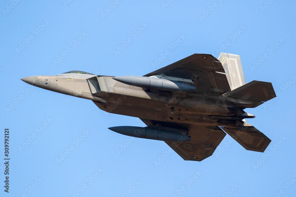 SPANGDAHLEM, GERMANY - 29 AUG, 2018: US Air Force Lockheed Martin F-22  Raptor stealth air superiority fighter jet taking off from Spangdahlem Air  Base. Stock Photo | Adobe Stock