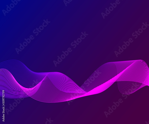Purple glow thin lines on blue gradient background. Abstract striped with air waves pattern. Vector illustration