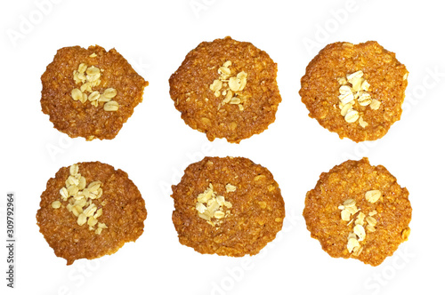 Biscuits homemade Oatmeal flavoured and Thin style. Set of crunchy delicious sweet meal and useful cookies. Isolated on white background.