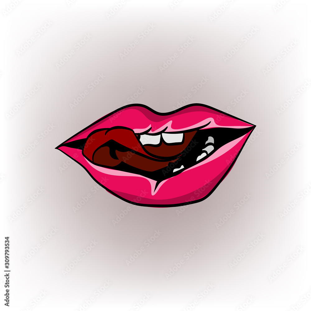 Big lips on white background. Sexy biting lips with tongue. Red mouth with white teeth isolated on white. Female beautiful lips with red lipstick. Vector illustration of sensual lips and ideal teeth