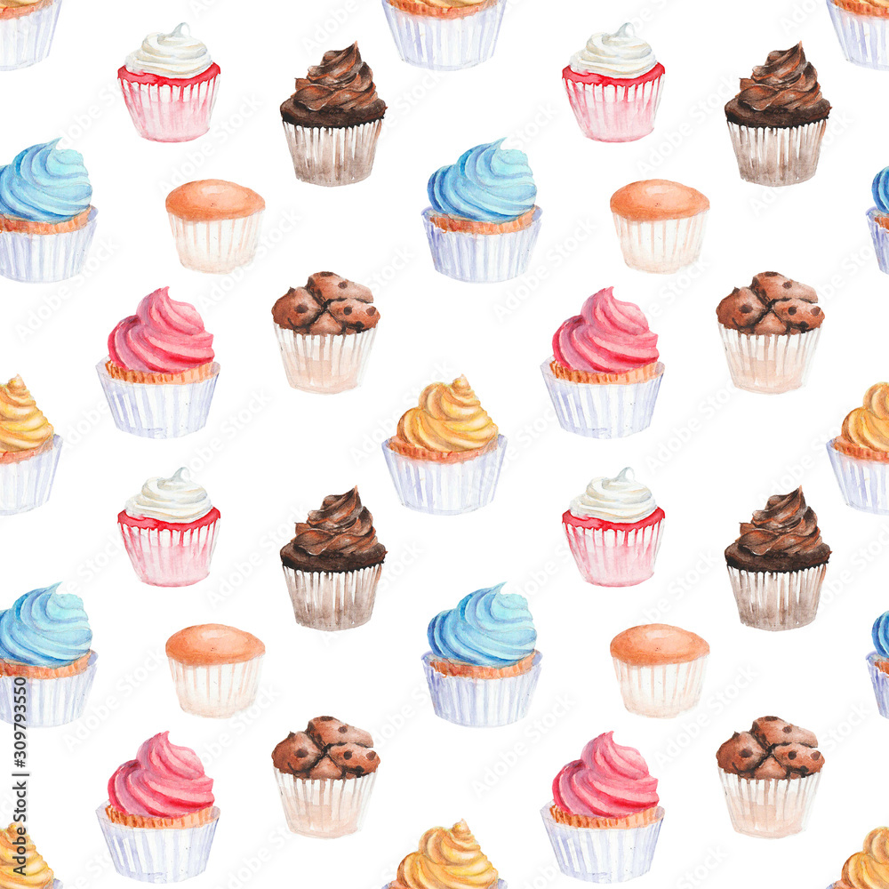 Watercolor cupcakes, seamless pattern Watercolor cupcakes, seamless pattern