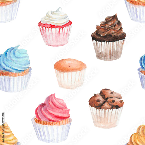Watercolor cupcakes, seamless pattern