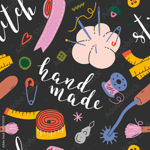 Modern sewing background made of colored hand drawn cliparts and lettering, embroidery and crafts tools and supplies, seamles vector pattern, colorful backdrop, needlework concept