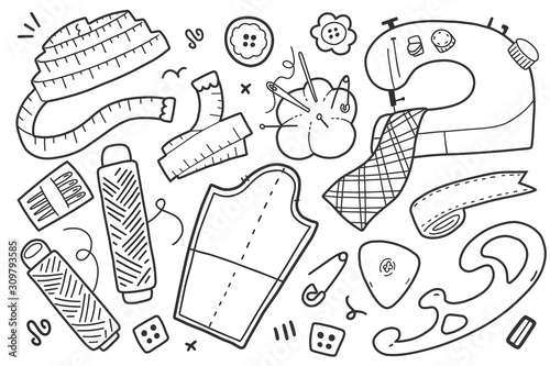 Sewing cliparts, collection of crafts and needlework vector isolated illustrations, supplies and tolls for seamstress, set of linear icons or logos, good for atelier, tailor shop or workshop.
