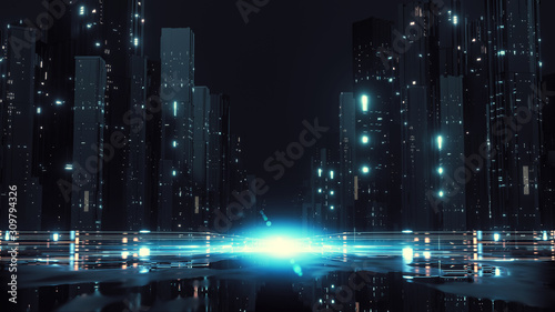 3D Rendering of modern skyscraper buildings in large city at night with reflection from wet puddles on street . Concept of big data, machine learning, artificial intelligence, virtual reality