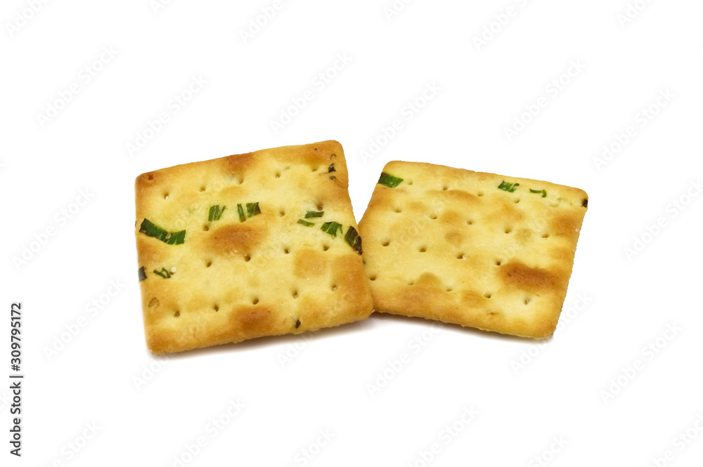 Biscuits cracker square design.Great flavor combination of green onion and wheat. Isolated on white background.