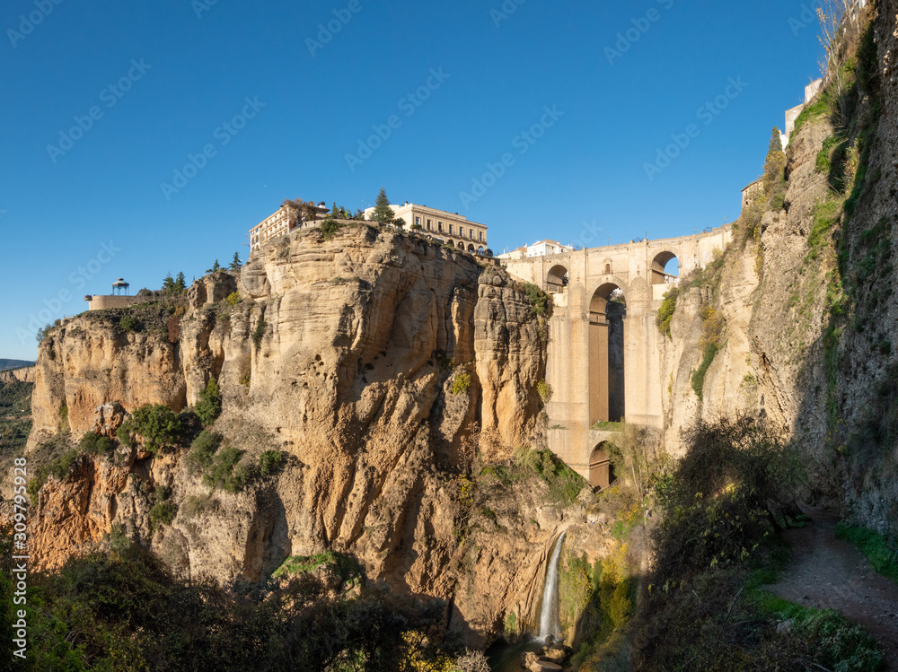 Spain, the Puente Nuevo across the gorge Río Guadalevín connects the districts of beautiful Ronda