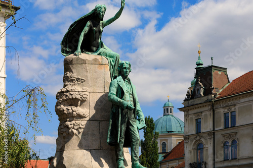 Prešeren Monument, a bronze statue of the Slovene national poet France Prešeren, in Ljubljana, the capital of Slovenia. It is among the best-known Slovenian monuments. The statue is a design by Ivan Z