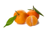 Tangerines with green branch and peeled mandarin slices, isolated
