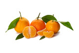 Tangerines with green branch and peeled mandarin slices, isolated