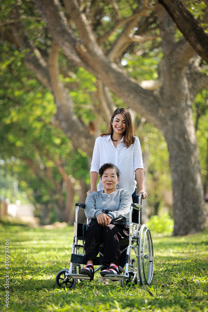 Asian senior woman sitting on the wheelchair with her daugther family happy smile face on the green park