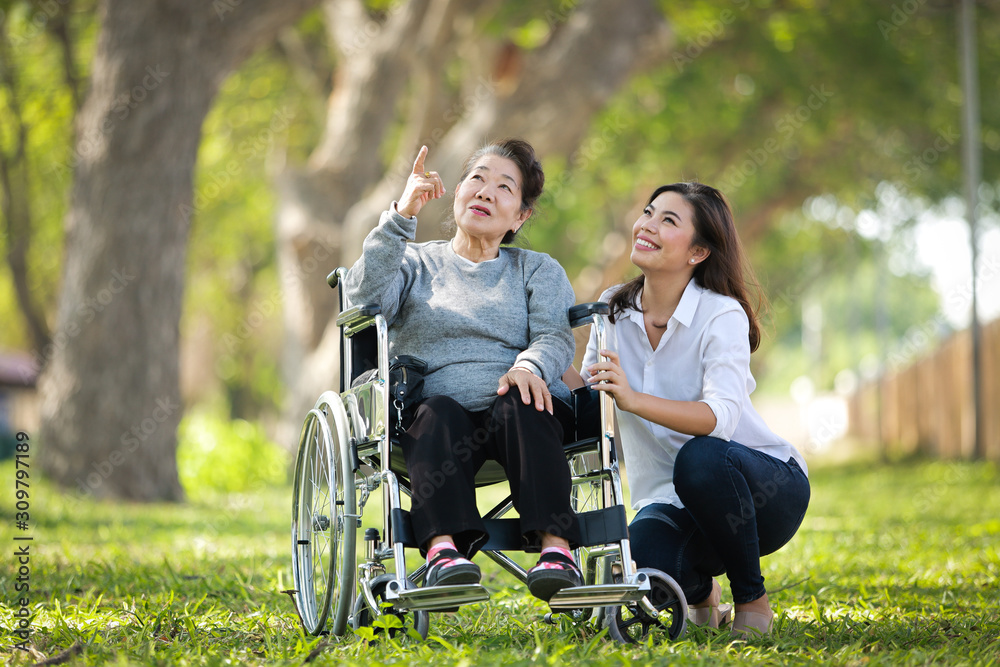 Asian senior woman sitting on the wheelchair with her daugther family happy smile face on the green park Asian senior woman sitting on the wheelchair with her daugther family happy smile face on the green park