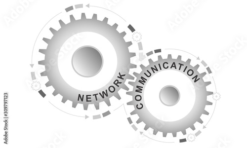 Network communication concept. Abstract background with connected gears. Vector infographic illustration.