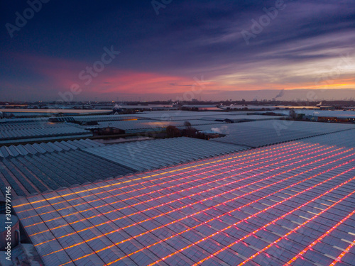 aerial view of modern agricultural greenhouses in the Netherlands that uses LED lights to support the growth of the plants; Westland, Netherlands