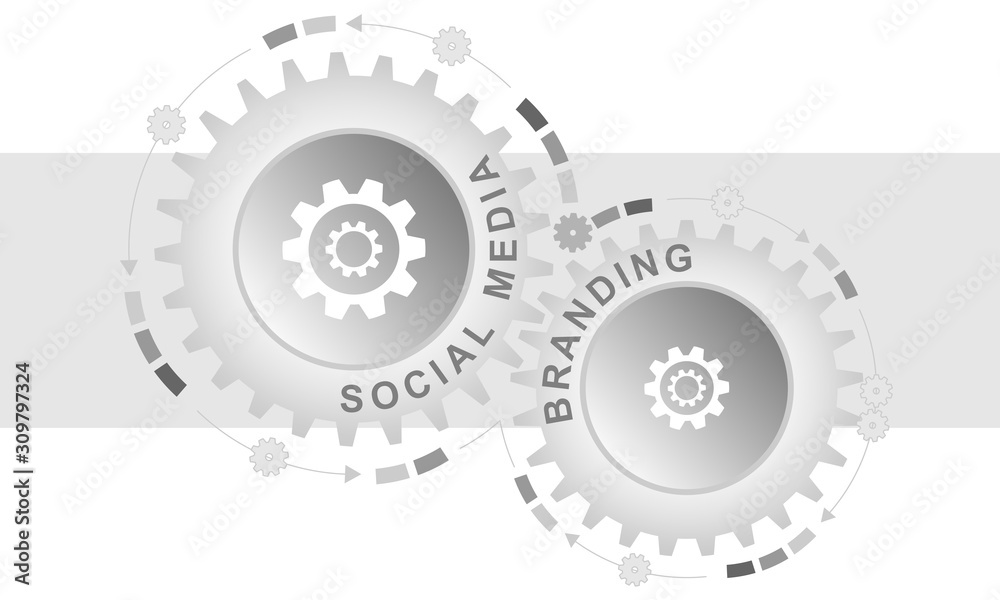 Social media branding concept. Abstract background with connected gears. Vector infographic illustration.