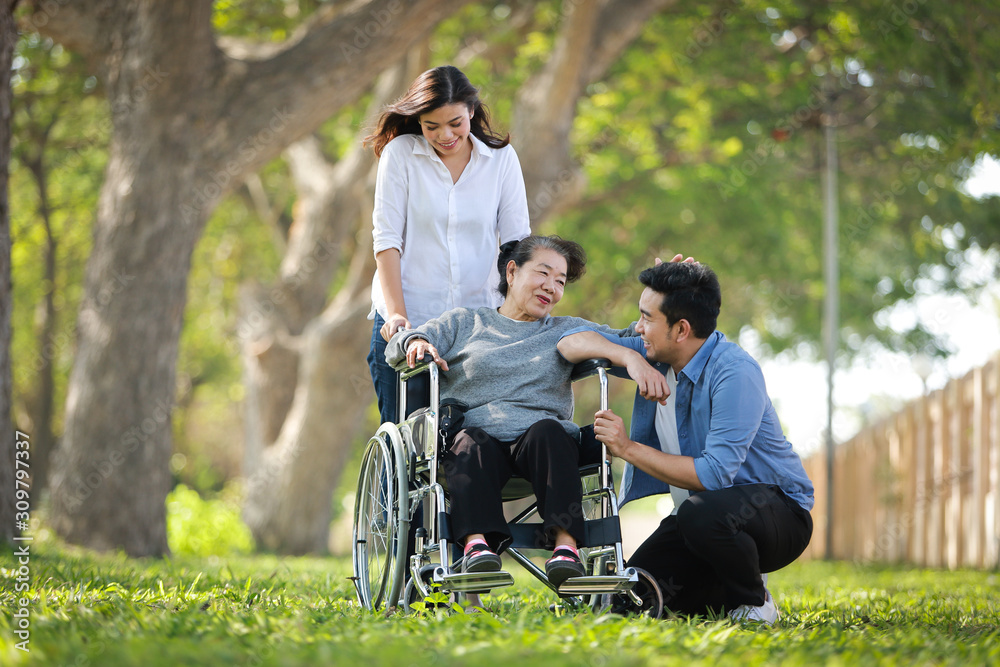 Asian senior woman sitting on the wheelchair with family happy smile face on the green park Asian senior woman sitting on the wheelchair with family happy smile face on the green park