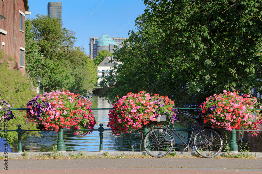colorful plants on the railing of a bridge over one of the canals in the center of The Hague; The Hague, Netherlands