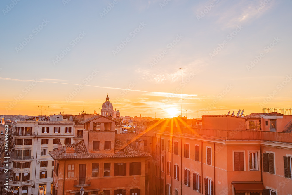 Rome aerial rooftop view sunset silhouette old ancient architecture in Italy