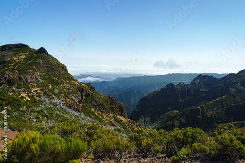 Beautiful panorama view of the footpath trail in the mountains of Pico Ruivo, Madeira