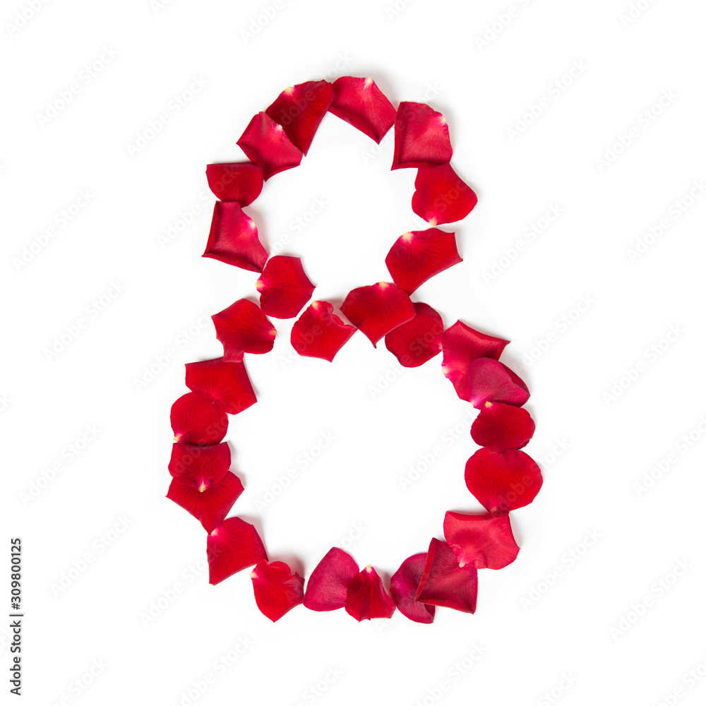 Number 8 made from red rose petals on a white isolated background. Element for decoration. Number 8 made from red rose petals on a white isolated background. Element for decoration.