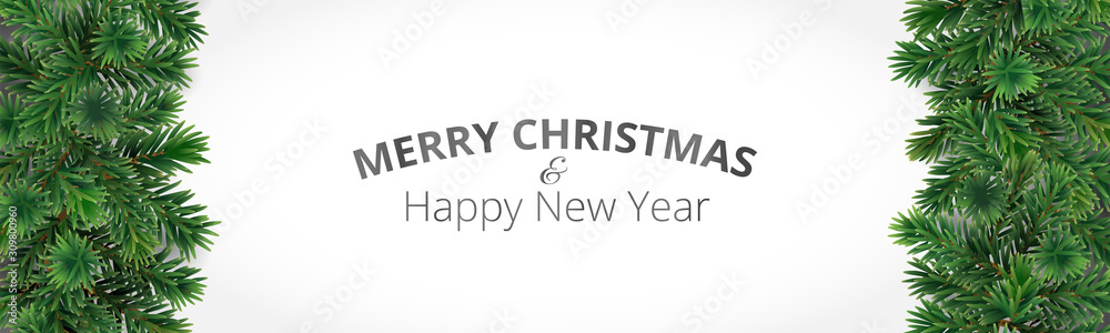 Christmas banner with Merry Christmas text and pine tree border isolated on white