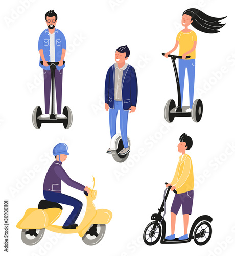 Happy smiling people using electric scooters or unicycle. Young men riding on eco city transport for traveling.  Mono wheel. Active leisure. Vector illustration cartoon flat funky style. Motorcycle  photo