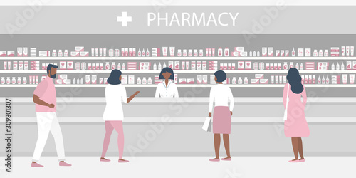 People in the pharmacy. The pharmacist stands near the shelves with medicines. There are visitors In the hall. Vector illustration.
