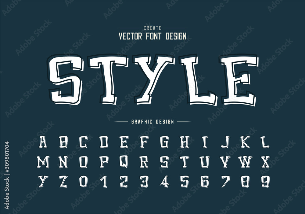 Line font with white shadow and cartoon alphabet vector, Typeface and number design