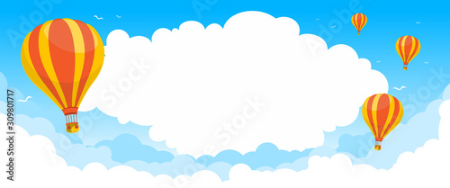 Air balloons in blue sky. Bright summer background for banner, landing page. Illustration, vector