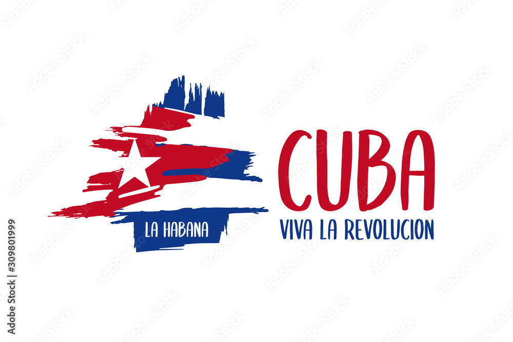 Triumph of the Revolution in Cuba celebration banner, poster. Hand drawn brush stroke Cuban flag on white background and text in Spanish Viva la Revolucion. Cuba national holiday vector illustration.