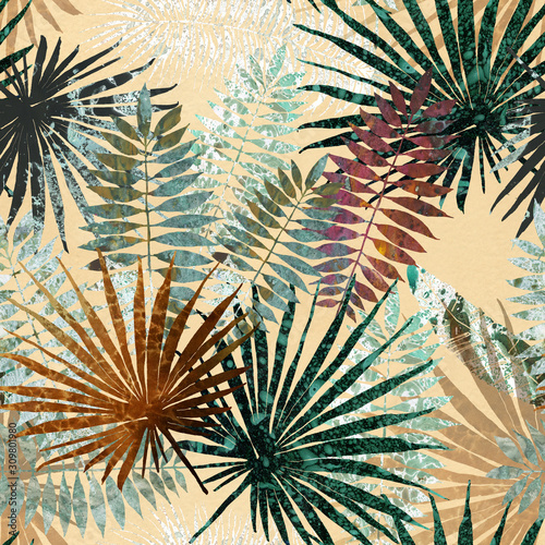 The leaves are pinnate and fan palm on a sandy colored background. Decorative seamless watercolor, hand drawn elements, Olive brown gamma. Illustrations for design, fabric, wrapping paper, home decor.