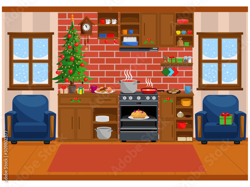 Room prepared for the new year and Christmas. Studio apartment with combined living room and kitchen.