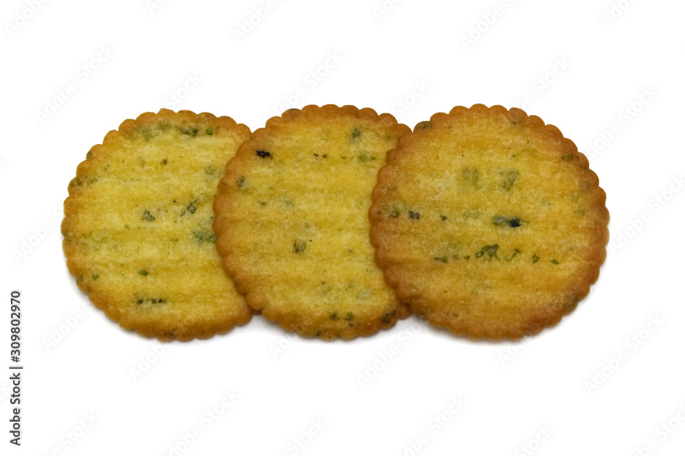 Thin biscuit or cracker seaweed flavour isolated on white background. Thin biscuit or cracker seaweed flavour isolated on white background.