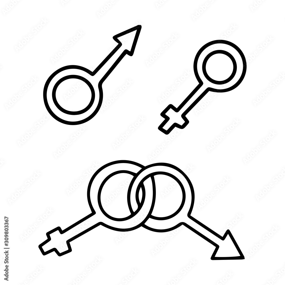 Vector illustration. Hand-drawn male and female symbols.Signs of gender. Black and white contour design element for Valentine's Day. The object is isolated on white Vector illustration. Hand-drawn male and female symbols.Signs of gender. Black and white contour design element for Valentine's Day. The object is isolated on white