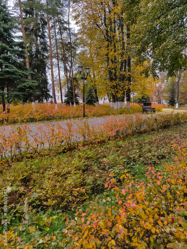 Autumn park bench strewn with yellow leaves Autumn park bench strewn with yellow leaves