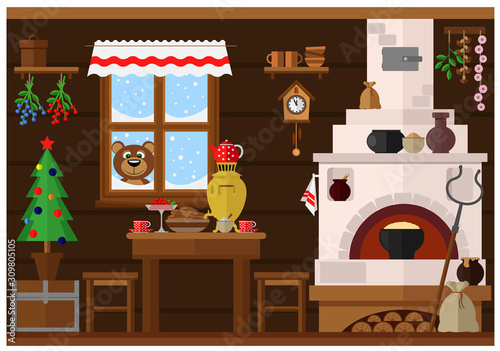 Kitchen interior with Russian traditional stove, prepared for the new year and Christmas. Curious bear looks in the window.