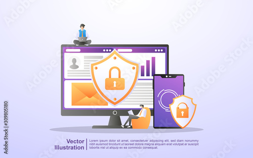 Data protection concept. People secure data management and protect data from hacker attacks. Back up and save important data. Can use for web landing page, banner, mobile app. Vector Illustration